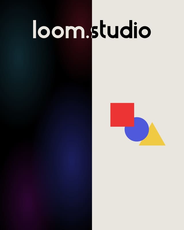 loom.studio - plansza marki: logo na osi czerni i papieru, trzy figury Bauhausu